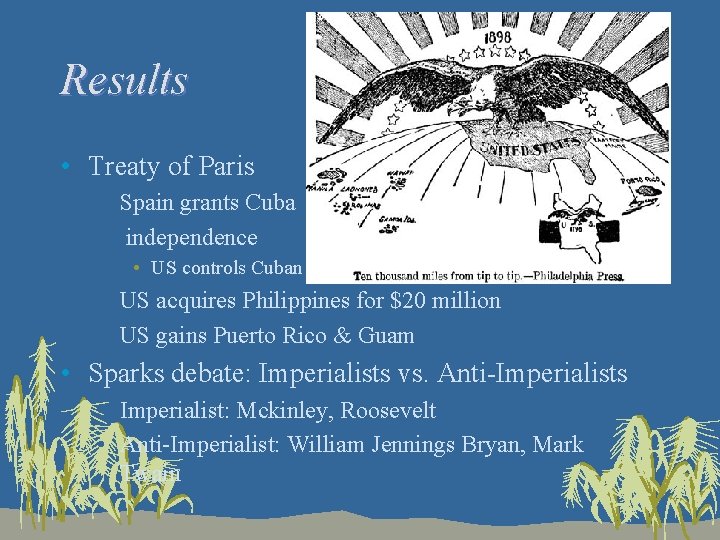 Results • Treaty of Paris • Spain grants Cuba independence • US controls Cuban