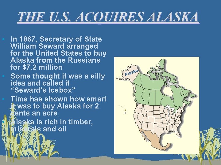 THE U. S. ACQUIRES ALASKA • In 1867, Secretary of State William Seward arranged