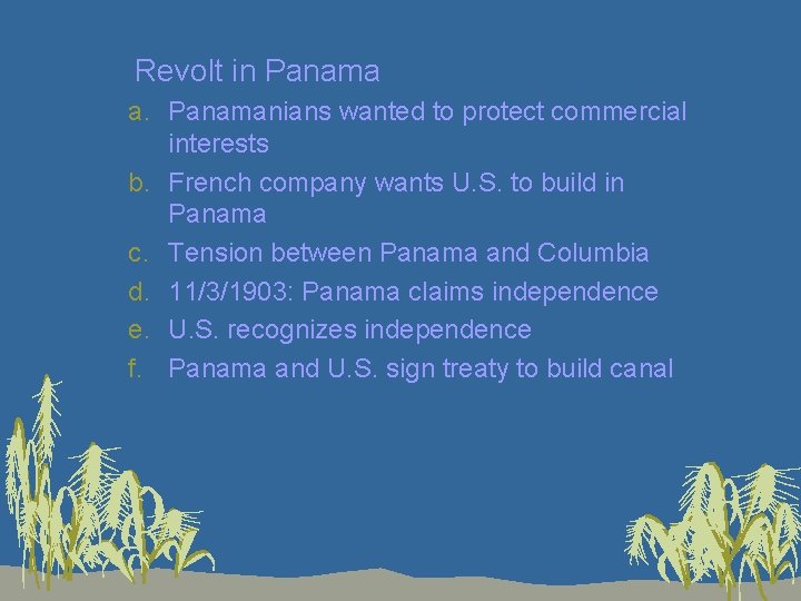 2. Revolt in Panama a. Panamanians wanted to protect commercial interests b. French company