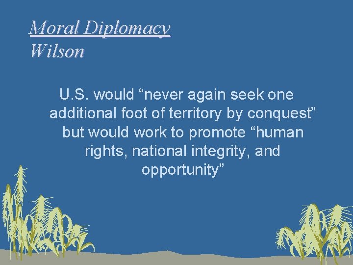 Moral Diplomacy Wilson U. S. would “never again seek one additional foot of territory