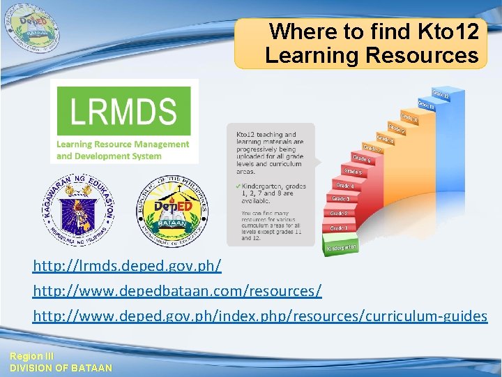 Where to find Kto 12 Learning Resources http: //lrmds. deped. gov. ph/ http: //www.