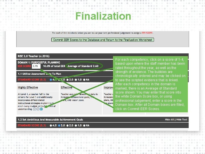 Finalization For each competency, click on a score of 1 -4, based upon where