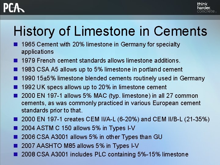 History of Limestone in Cements n 1965 Cement with 20% limestone in Germany for