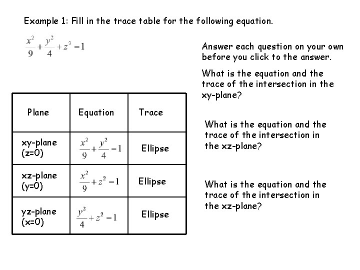 Example 1: Fill in the trace table for the following equation. Answer each question