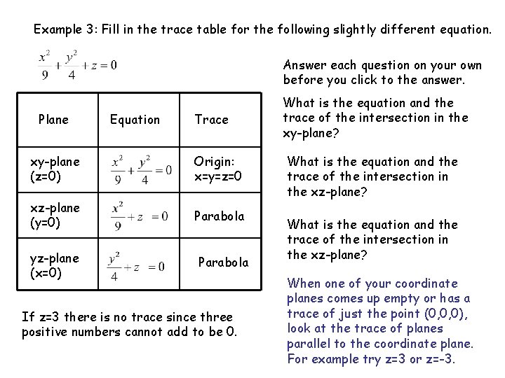 Example 3: Fill in the trace table for the following slightly different equation. Answer