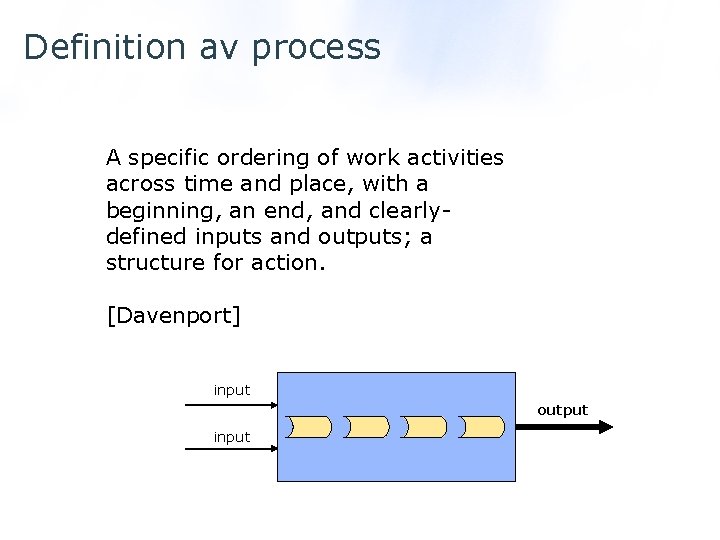 Definition av process A specific ordering of work activities across time and place, with