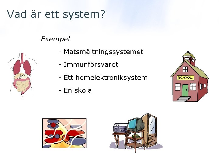 Vad är ett system? Exempel - Matsmältningssystemet - Immunförsvaret - Ett hemelektroniksystem - En