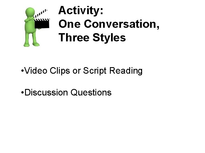 Activity: One Conversation, Three Styles • Video Clips or Script Reading • Discussion Questions