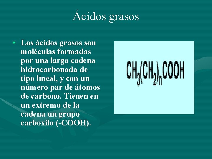 Ácidos grasos • Los ácidos grasos son moléculas formadas por una larga cadena hidrocarbonada