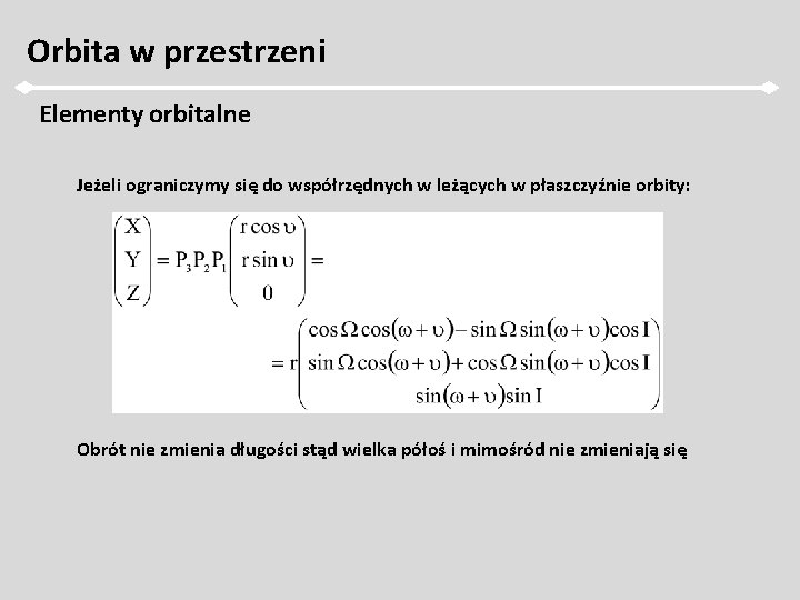 Orbita w przestrzeni Elementy orbitalne Jeżeli ograniczymy się do współrzędnych w leżących w płaszczyźnie