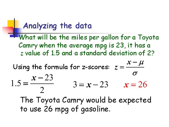 Analyzing the data What will be the miles per gallon for a Toyota Camry