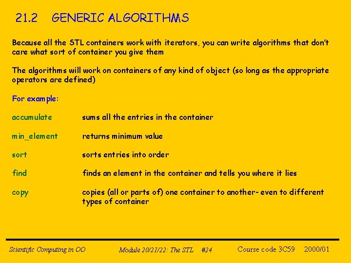 21. 2 GENERIC ALGORITHMS Because all the STL containers work with iterators, you can