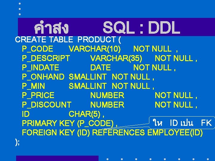 คำสง SQL : DDL CREATE TABLE PRODUCT ( P_CODE VARCHAR(10) NOT NULL , P_DESCRIPT