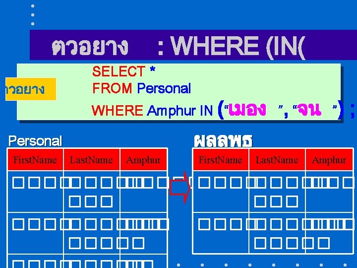 ตวอยาง Personal : WHERE (IN( SELECT * FROM Personal WHERE Amphur IN (“เมอง ”,
