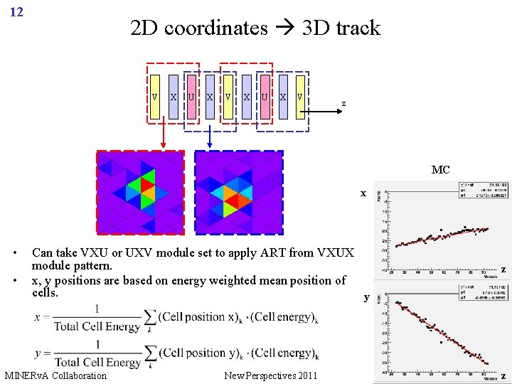 12 2 D coordinates 3 D track V X U X V z MC
