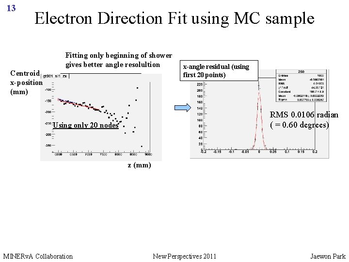 13 Electron Direction Fit using MC sample Centroid x-position (mm) Fitting only beginning of