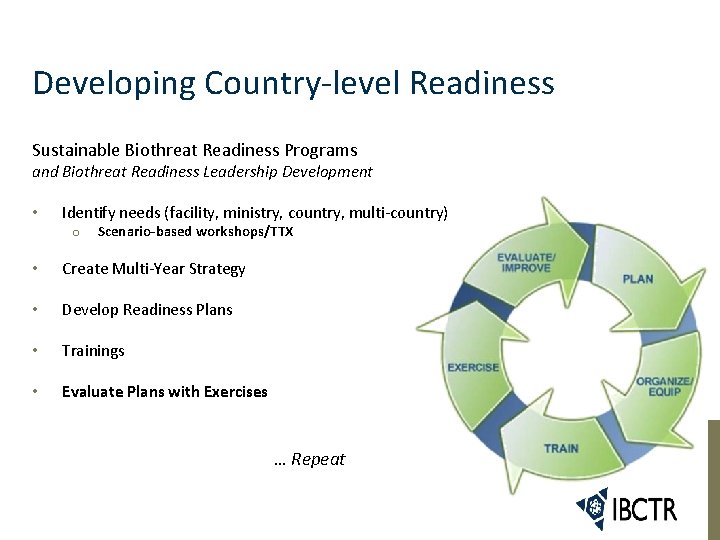 Developing Country-level Readiness Sustainable Biothreat Readiness Programs and Biothreat Readiness Leadership Development • Identify