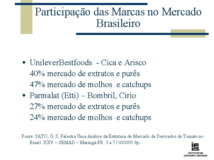 Participação das Marcas no Mercado Brasileiro w Unilever. Bestfoods - Cica e Arisco 40%