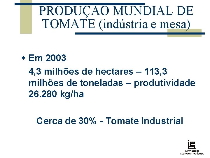 PRODUÇÃO MUNDIAL DE TOMATE (indústria e mesa) w Em 2003 4, 3 milhões de