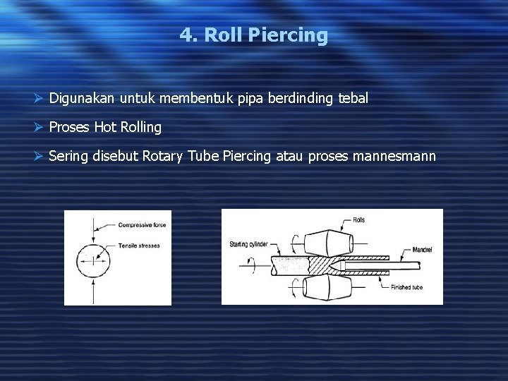 4. Roll Piercing Ø Digunakan untuk membentuk pipa berdinding tebal Ø Proses Hot Rolling