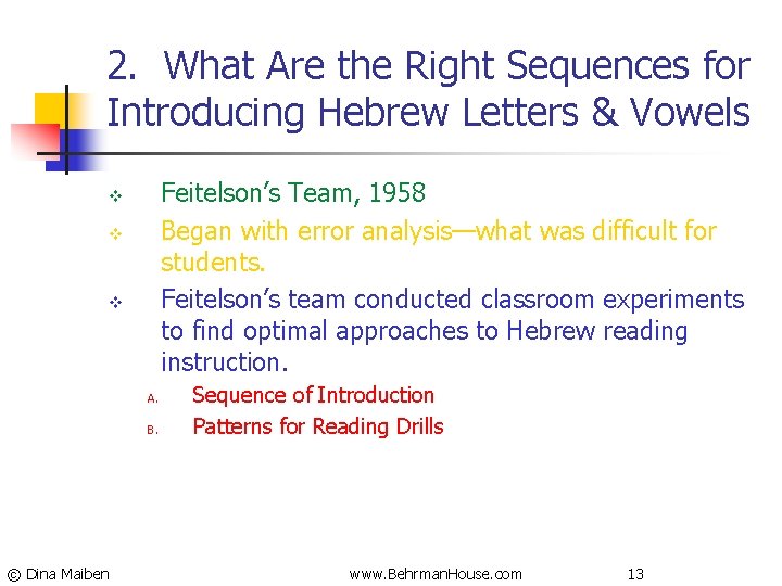 2. What Are the Right Sequences for Introducing Hebrew Letters & Vowels Feitelson’s Team,