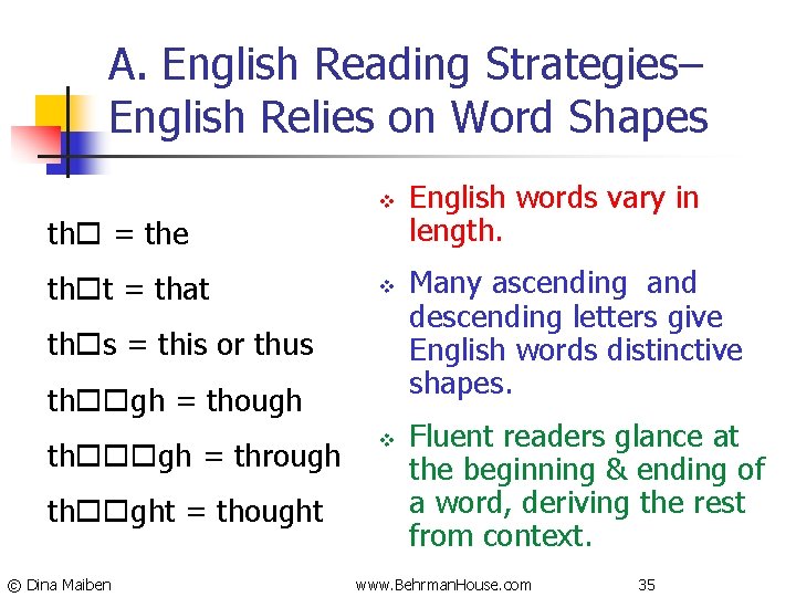 A. English Reading Strategies– English Relies on Word Shapes v th = the th