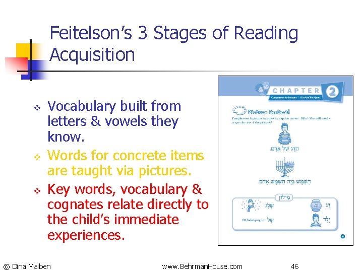 Feitelson’s 3 Stages of Reading Acquisition v v v Vocabulary built from letters &