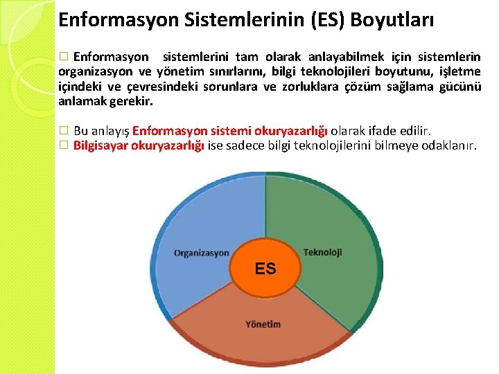 Enformasyon Sistemlerinin (ES) Boyutları Enformasyon sistemlerini tam olarak anlayabilmek için sistemlerin organizasyon ve yönetim