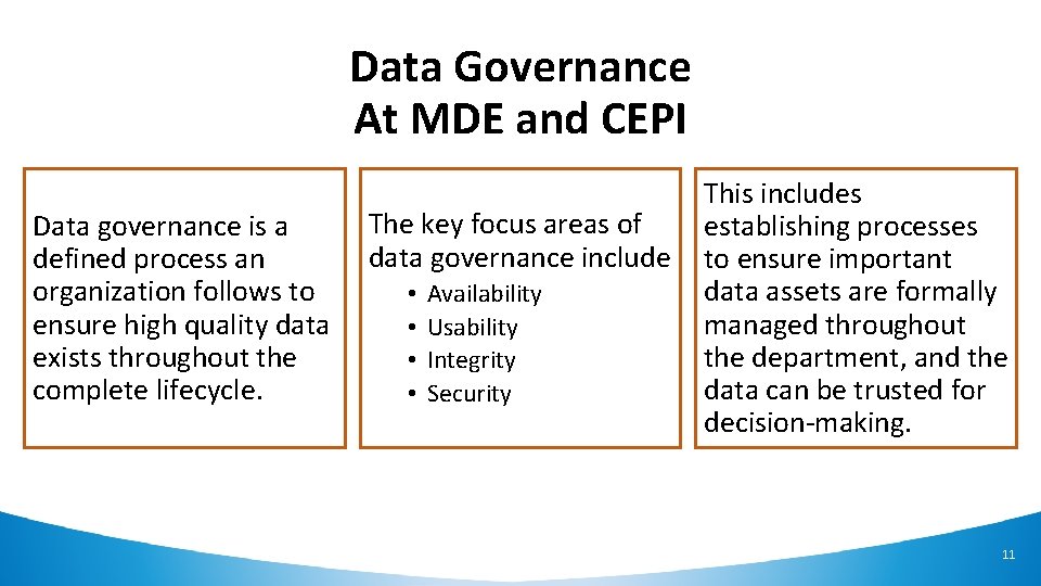 Data Governance At MDE and CEPI Data governance is a defined process an organization