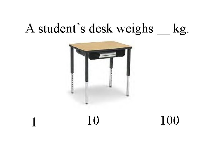 A student’s desk weighs __ kg. 1 10 100 