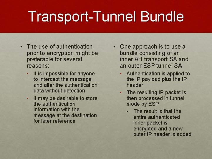 Transport-Tunnel Bundle • The use of authentication prior to encryption might be preferable for