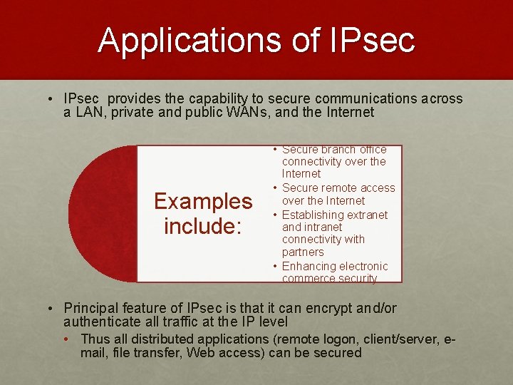 Applications of IPsec • IPsec provides the capability to secure communications across a LAN,