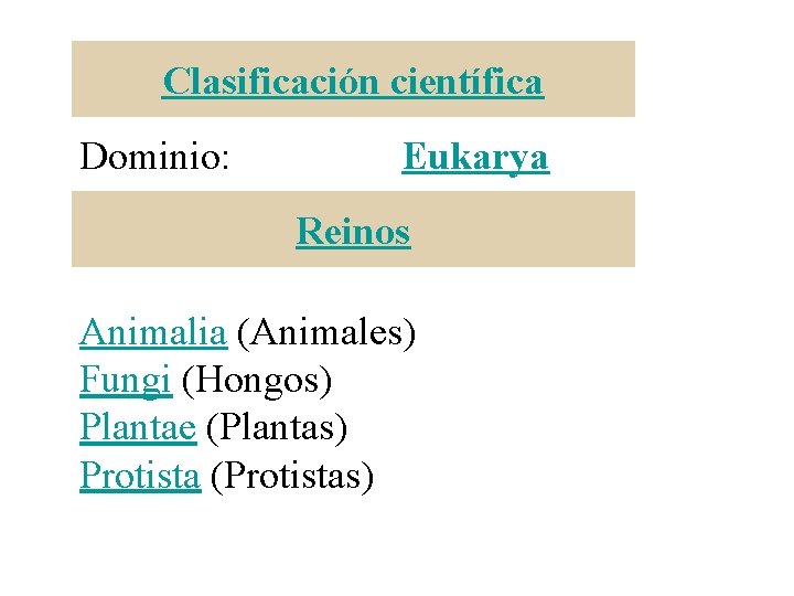 Clasificación científica Dominio: Eukarya Reinos Animalia (Animales) Fungi (Hongos) Plantae (Plantas) Protista (Protistas) 