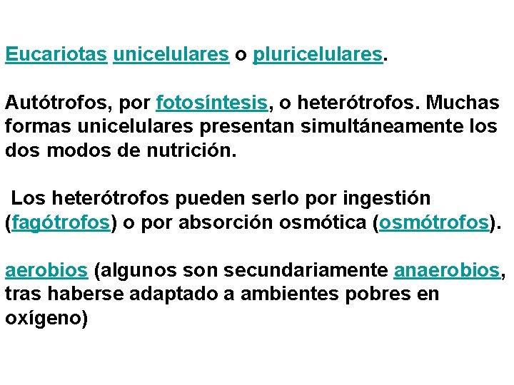 Eucariotas unicelulares o pluricelulares. Autótrofos, por fotosíntesis, o heterótrofos. Muchas formas unicelulares presentan simultáneamente