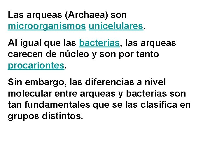 Las arqueas (Archaea) son microorganismos unicelulares. Al igual que las bacterias, las arqueas carecen