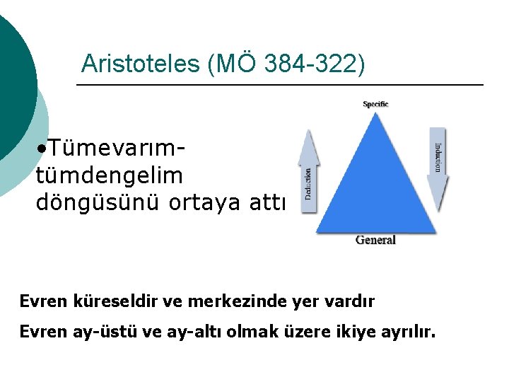 Aristoteles (MÖ 384 -322) • Tümevarımtümdengelim döngüsünü ortaya attı Evren küreseldir ve merkezinde yer Aristoteles (MÖ 384 -322) • Tümevarımtümdengelim döngüsünü ortaya attı Evren küreseldir ve merkezinde yer
