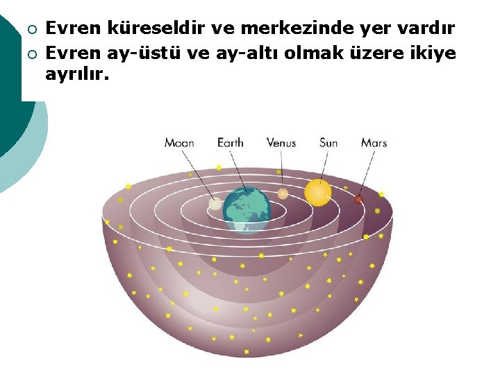 ¡ ¡ Evren küreseldir ve merkezinde yer vardır Evren ay-üstü ve ay-altı olmak üzere ¡ ¡ Evren küreseldir ve merkezinde yer vardır Evren ay-üstü ve ay-altı olmak üzere