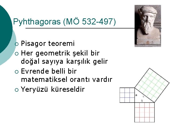 Pyhthagoras (MÖ 532 -497) Pisagor teoremi ¡ Her geometrik şekil bir doğal sayıya karşılık Pyhthagoras (MÖ 532 -497) Pisagor teoremi ¡ Her geometrik şekil bir doğal sayıya karşılık