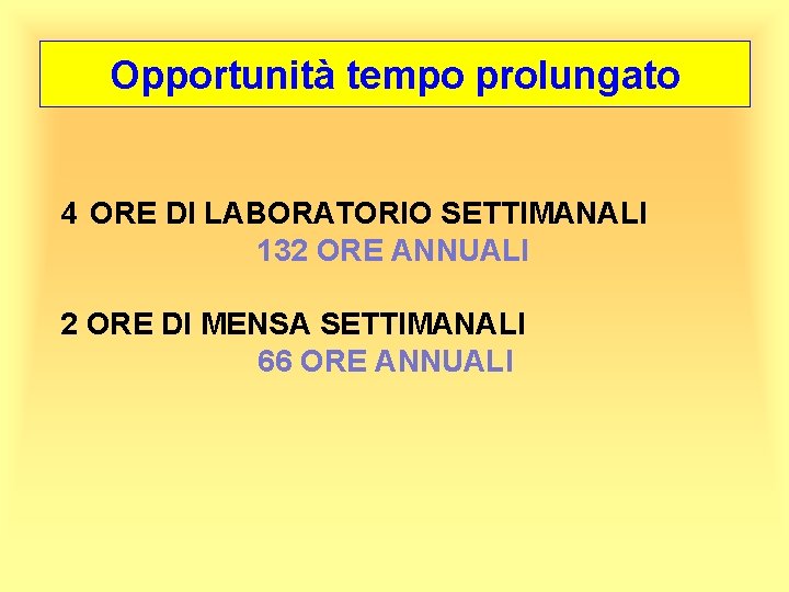 Opportunità tempo prolungato 4 ORE DI LABORATORIO SETTIMANALI 132 ORE ANNUALI 2 ORE DI