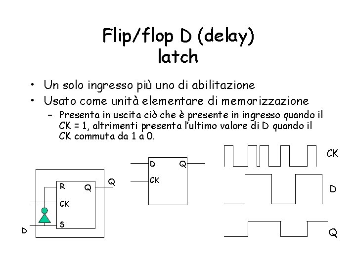 Flip/flop D (delay) latch • Un solo ingresso più uno di abilitazione • Usato