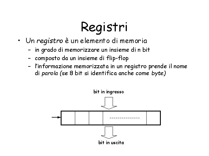 Registri • Un registro è un elemento di memoria – in grado di memorizzare