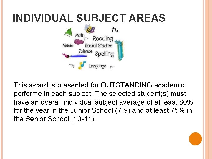 INDIVIDUAL SUBJECT AREAS This award is presented for OUTSTANDING academic performe in each subject.