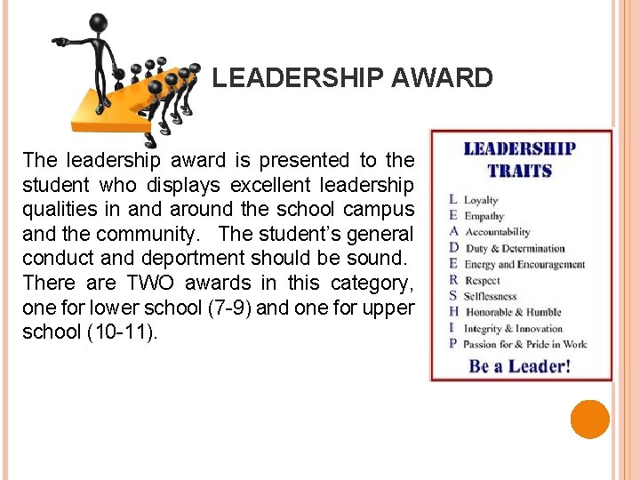 LEADERSHIP AWARD The leadership award is presented to the student who displays excellent leadership