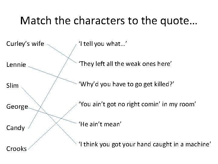 Match the characters to the quote… Curley’s wife ‘I tell you what…’ Lennie ‘They