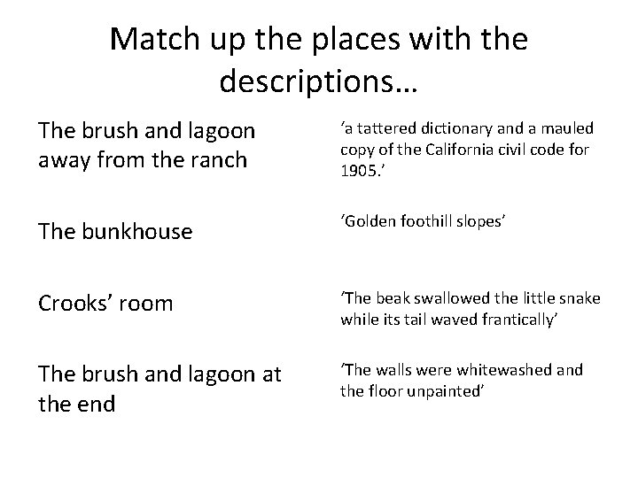 Match up the places with the descriptions… The brush and lagoon away from the