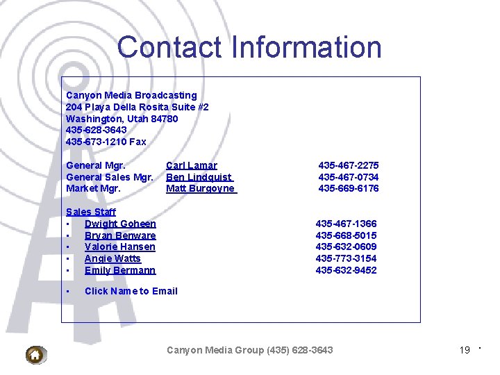 Contact Information Canyon Media Broadcasting 204 Playa Della Rosita Suite #2 Washington, Utah 84780