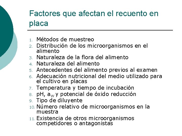 Factores que afectan el recuento en placa Métodos de muestreo 2. Distribución de los