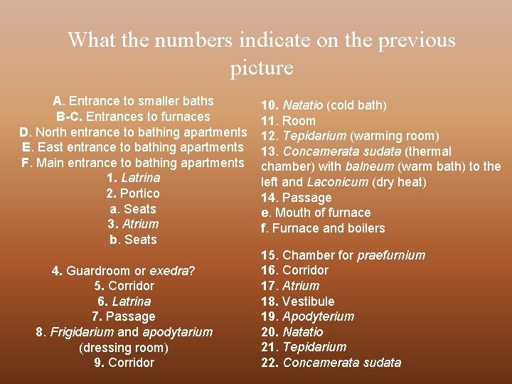 What the numbers indicate on the previous picture A. Entrance to smaller baths B-C.