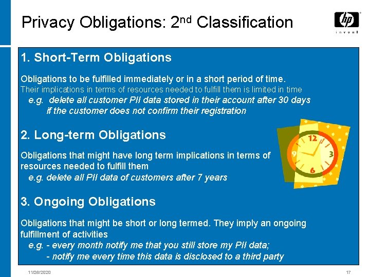 Privacy Obligations: 2 nd Classification 1. Short-Term Obligations to be fulfilled immediately or in
