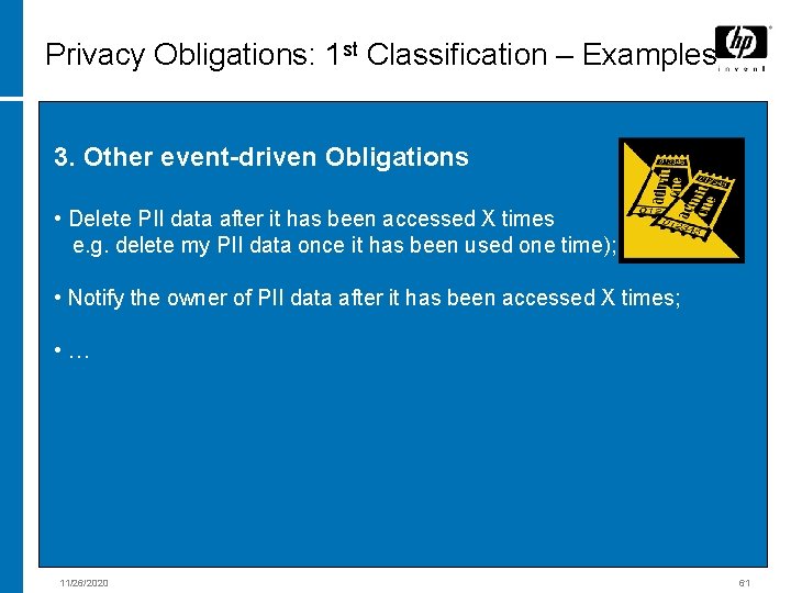 Privacy Obligations: 1 st Classification – Examples 3. Other event-driven Obligations • Delete PII